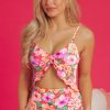 Women's Red Floral Ruffle Trim Cutout Knotted One Piece Swimsuit for Summer Vacations - Image 3