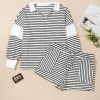 Plus Size Black Stripe Collared V Neck Long Sleeve Top with Shorts Set - Image 3