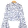 Women's Sky Blue Floral Bell Sleeve Mock Neck Crop Top - Chic Bohemian Style - Image 13