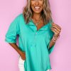 Women's Mint Green Solid Color Half Sleeve Button Henley Top - Image 12