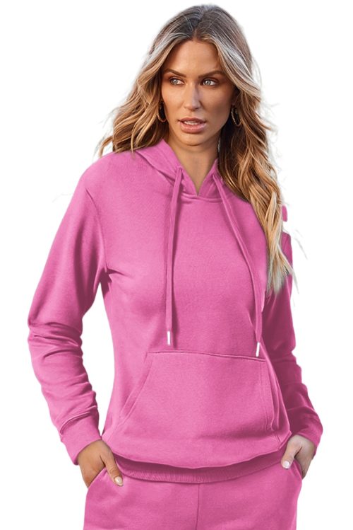 Women's Bonbon Solid Color Fleece Lined Drawstring Hoodie with Kangaroo Pocket