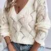 Women's Beige Hollow Out Knit Drop Shoulder V Neck Sweater - Image 7