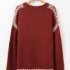 Women's Red Dahlia Color Contrast Trim Drop Shoulder Crew Neck Sweater - Image 9