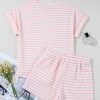 Chic Pink Stripe Knitted Short Sleeve Top and Drawstring Shorts Set for Women - Image 8