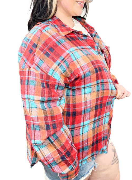 Women's Red Plus Size Plaid Print Buttoned Shirt