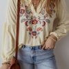Women's Apricot Paisley Floral Embroidered Notch V Neck Blouse - Image 6