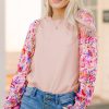 Women's Oatmeal Floral Printed Patchwork Smocked Lantern Sleeve Knit Sweater - Image 3