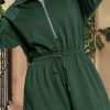 Women's Blackish Green Collared Half Zip French Terry Knit Casual Romper - Image 2