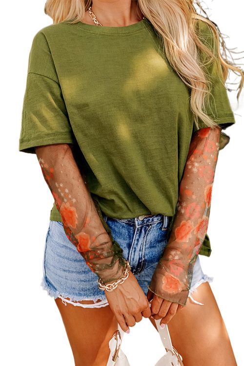 Women's Fern Green Faux Two Piece Floral Long Sleeve Patchwork Tee