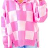 Women's Pink Checkerboard Half Button Collared Drop Shoulder Sweater - Image 13