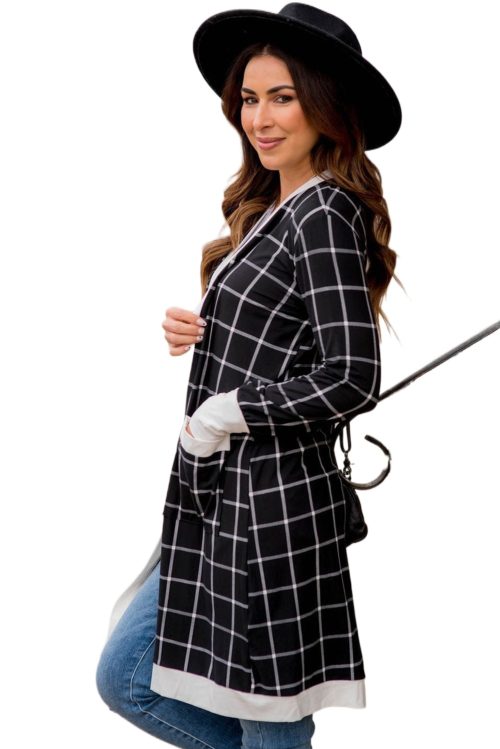 Women's Black Plaid Colorblock Edge Open Cardigan with Pockets