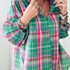 Women's Green Plaid 3/4 Sleeve Collared Loose Fit Shirt - Image 6