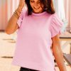 Women's Elegant Pink Textured Ruffle Short Sleeve Pullover Top - Image 3