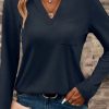 Women's Dirty Blue Notch V Neck Long Sleeve T-Shirt with Pocket - Image 5