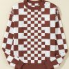 Women's Brown Checkered Print Drop Shoulder Round Neck Sweater - Image 5