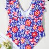 Chic Blue Floral Print Ruffled V Neck High Waist One Piece Swimwear for Women - Image 13