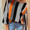 Women's Orange Polka Dot and Vertical Striped Puff Sleeve Blouse - Elegant Casual Top - Image 7