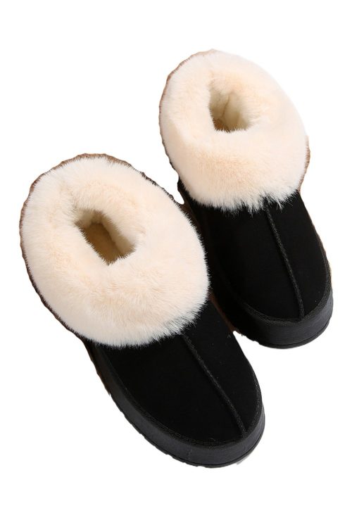 Women's Black Plush Suede Trim Thick Sole Flat Snow Boots for Ultimate Comfort