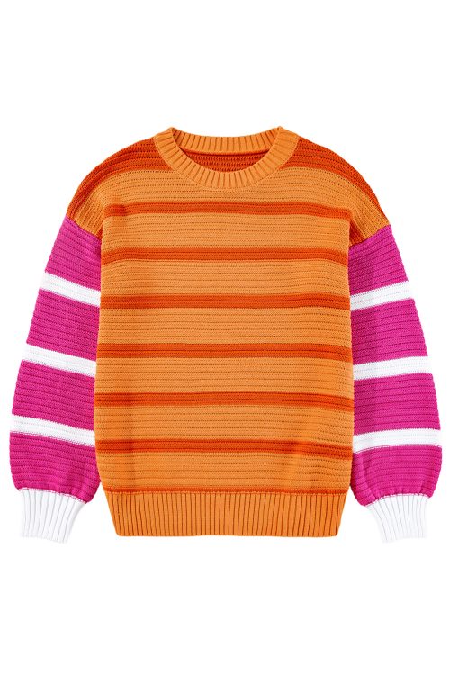 Women's Vibrant Orange Stripe Colorblock Crew Neck Drop Shoulder Loose Sweater