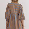 Women's Plus Size Khaki Stripe Contrast 3/4 Sleeve Babydoll Dress - Image 2