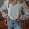 Women's Elegant White Lace Blouse with Scalloped V Neckline and Hollowed Lantern Sleeves - Image 10