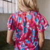 Women's Rose Red Floral Blouse with Ruffled Sleeves - Feminine V Neck Design - Image 2