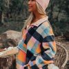 Women's Black Plaid Print Pocketed Half Button Collared Sweatshirt - Image 3