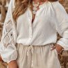 Women's White Embroidered Textured Buttoned Crew Neck Shirt with Puff Sleeves - Image 2