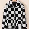 Women's Black Checkered Fleece Jacket with Side Pockets - Image 8