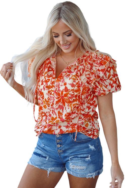 Women's Orange Floral Print Ruffled Short Puff Sleeve Split Neck Blouse