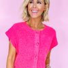 Bright Pink Distressed Hem Short Sleeve Knitted Button Front Sweater for Women - Image 6