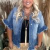 Women's Plus Size Peacock Blue Ruffled Frayed Short Sleeve Denim Jacket - Image 5