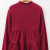 Women's Burgundy Corduroy Ruffle Tiered Button O Neck Shirt - Image 9