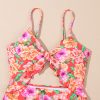 Women's Red Floral Ruffle Trim Cutout Knotted One Piece Swimsuit for Summer Vacations - Image 14