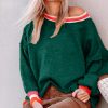 Women’s Blackish Green Colorblock Striped Trim Drop Shoulder Sweater - Casual Chic for Fall - Image 2