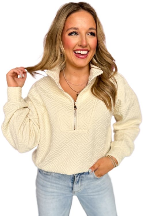 Women's Beige Solid Textured Half Zipper Sweatshirt