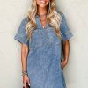 Women's Beau Blue Short Sleeve Collared Denim Mini Dress with Patched Pockets - Image 12