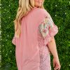 Plus Size Pink Floral Patchwork Ruffled Short Sleeve Blouse for Women - Image 2