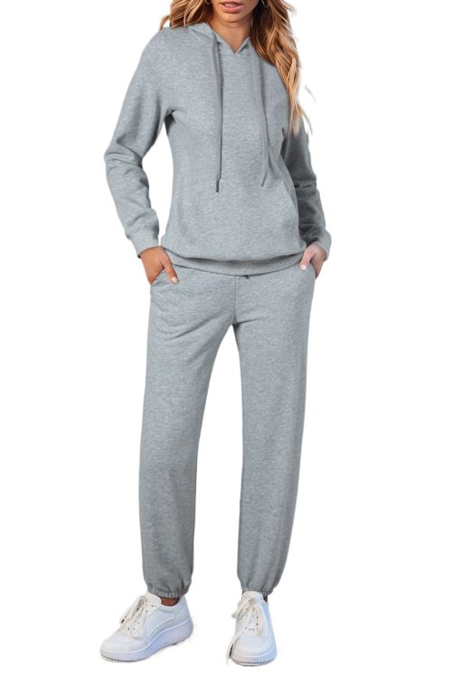 Women's Light Grey Fleece Lined Drawstring Hoodie with Kangaroo Pocket