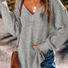 Women's Light Grey Loose Fit Eyelet V Neck Drop Shoulder Sweater - Image 3