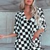 Women's Black Checkerboard Print V Neck Loose Tee and Shorts Lounge Set - Image 6