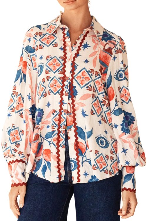 Women's Multicolour Western Printed Ric Rac Bishop Sleeve Button Up Shirt