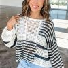 Women's White Stripe Hollow-out Openwork Knit Puff Sleeve Sweater - Image 5