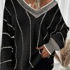 Women's Colorblock Black Striped V Neck Knitted Loose Sweater - Image 5