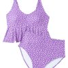 Women's Plus Size Purple Polka Dot Print Ruffled Knotted V Neck Tankini Set - Image 26