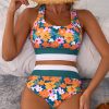 Women's Green Floral Print 2-Piece Bikini - Racerback Cutout High Waist Swimsuit - Image 5