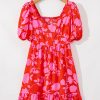 Women's Red Floral Bubble Sleeve Sweetheart Neck Ruffled Mini Dress - Image 15