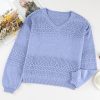 Women's Sky Blue V Neck Drop Shoulder Sweater with Eyelet Pattern Detail - Image 10