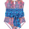 Women's Blue Geometric Print Hollow Out Knotted Waist One Piece Swimsuit - Image 26