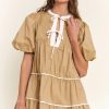 Chic Pale Khaki Puff Sleeve Tied Neck Short Dress with Contrast Trim - Image 2